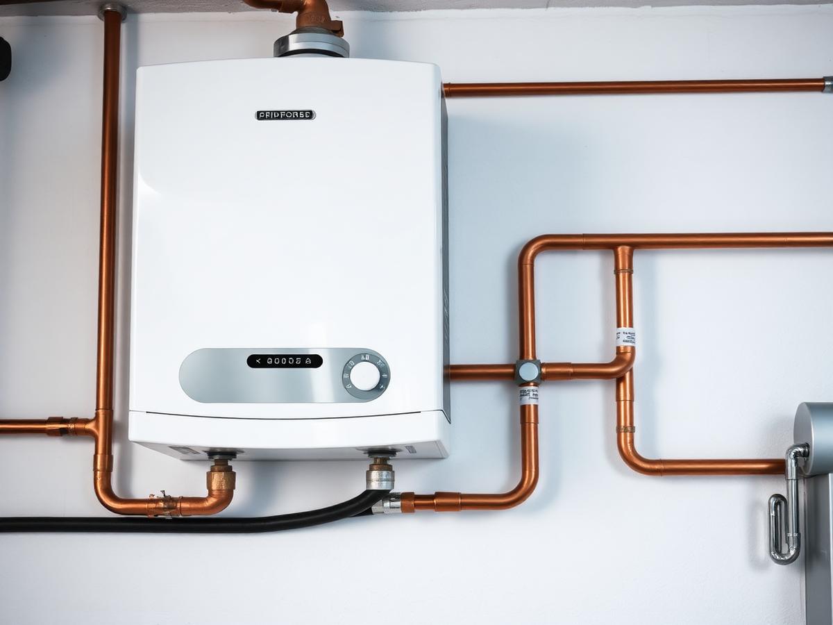 Modern tankless water heater installation with copper piping